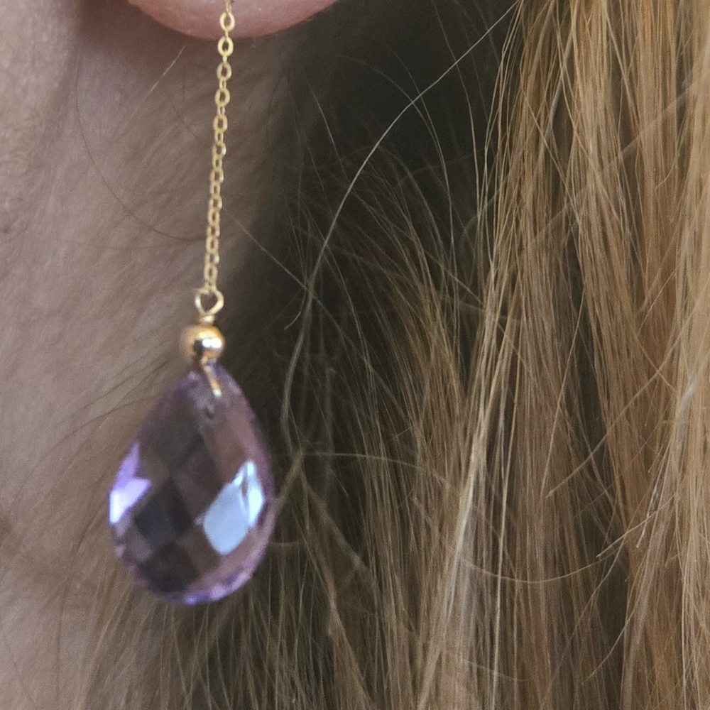 14K Solid Yellow Gold Semiprecious Amethyst Drop Earrings - - Picture 3 of 12